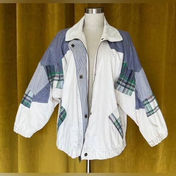 Vintage 80s Patchwork Plaid White Jacket - Picture 7 of 14